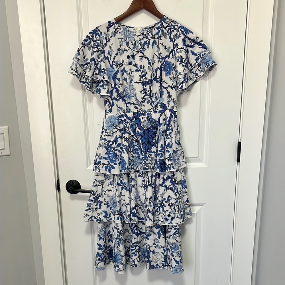 SHEIN Women’s Butterfly Sleeve Layered Hem Floral Blue and White Dress size 2